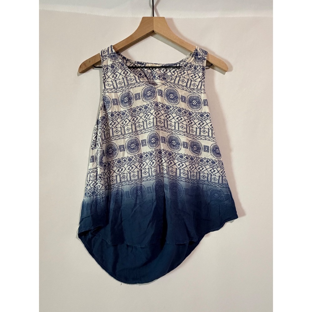 Mystree Tank Top Boho Ombre Blue White Medium Coastal Casual Beach Vacation